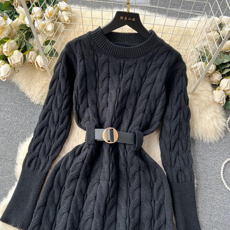 Heathrow Statement Knitted Dress with Belt - front shot on hanger, black - Miss Mosa By Akanksha