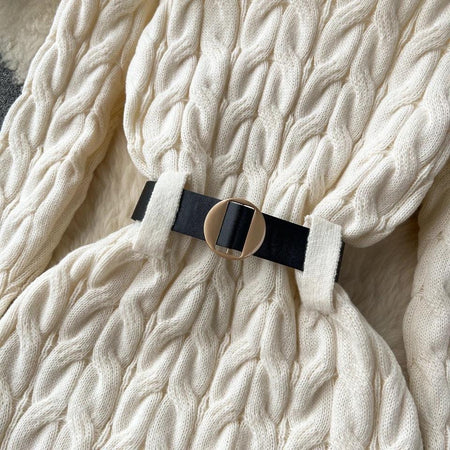 Heathrow Statement Knitted Dress with Belt - close-up of belt buckle, cream - Miss Mosa By Akanksha