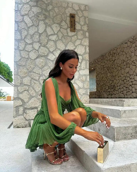 Heaven of Green Statement Dress - crouching shot on model, green - Miss Mosa By Akanksha