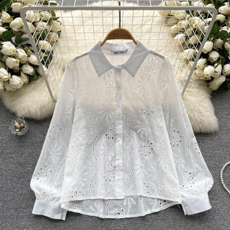 Hebby Cotton Eyelet Shirt - front shot on hanger, white - Miss Mosa By Akanksha
