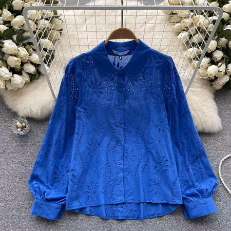Hebby Cotton Eyelet Shirt - front shot on hanger, blue - Miss Mosa By Akanksha