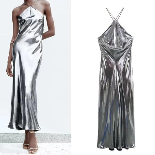 Helen Mettalic Halter Party Midi Dress In Sliver