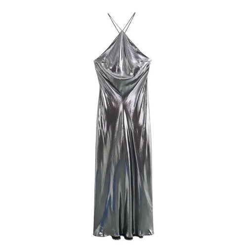 Helen Mettalic Halter Party Midi Dress In Sliver