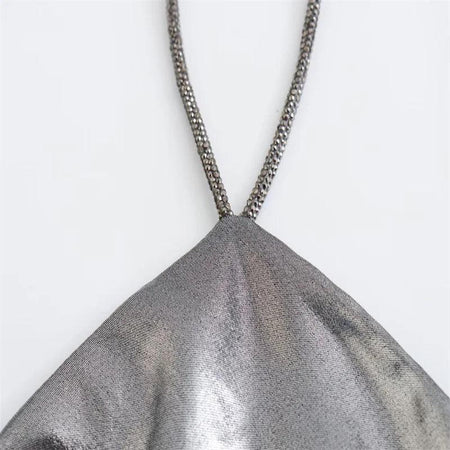 Helen Mettalic Halter Party Midi Dress In Sliver - close-up of halter neckline, silver - Miss Mosa By Akanksha