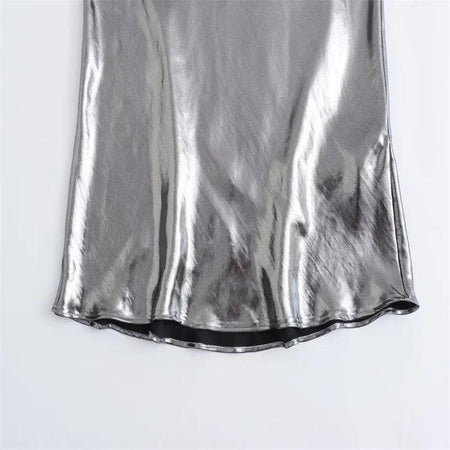 Helen Mettalic Halter Party Midi Dress In Sliver - close-up of hem, silver - Miss Mosa By Akanksha