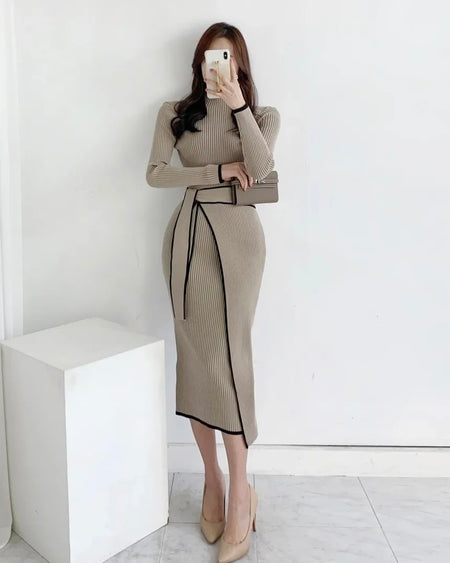 Helen Premium Woolen Midi Dress - full-length front shot on model, beige - Miss Mosa By Akanksha