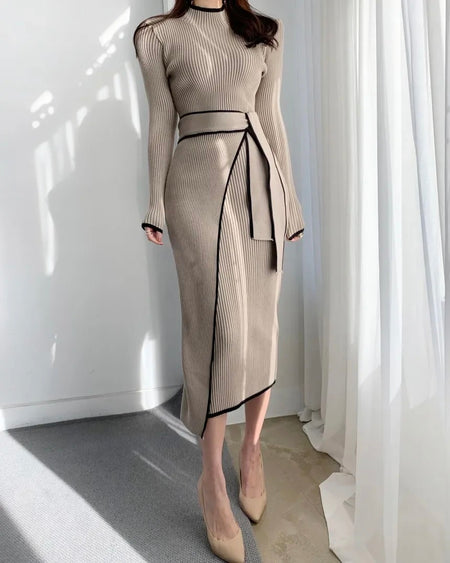 Helen Premium Woolen Midi Dress - front shot on model, beige - Miss Mosa By Akanksha