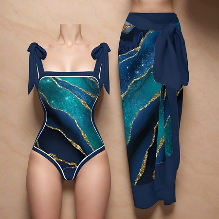 Helia Swimsuit with Sarong In Teal Blue - front shot on mannequin, navy - Miss Mosa By Akanksha