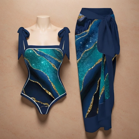 Helia Swimsuit with Sarong In Teal Blue - front shot on mannequin, navy - Miss Mosa By Akanksha