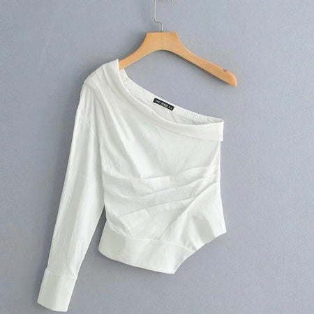 Helina One Shoulder Top In White - front shot on hanger, white - Miss Mosa By Akanksha