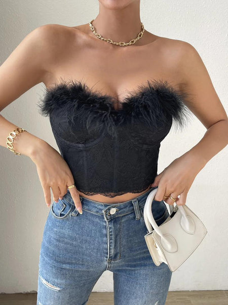 Helix Fur Bustier Top - front shot on model, black - Miss Mosa By Akanksha
