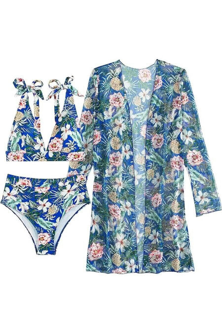 Hella Holiday Bikini Set with Cape - styled flat-lay shot, blue - Miss Mosa By Akanksha
