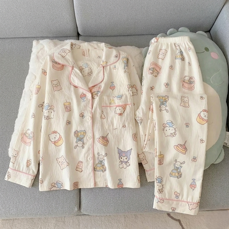 Hello Kitty Padded Printed Nightsuit - flat-lay shot, cream multicolour print - Miss Mosa By Akanksha