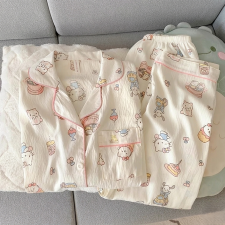 Hello Kitty Padded Printed Nightsuit - flat-lay shot, cream multicolour print - Miss Mosa By Akanksha