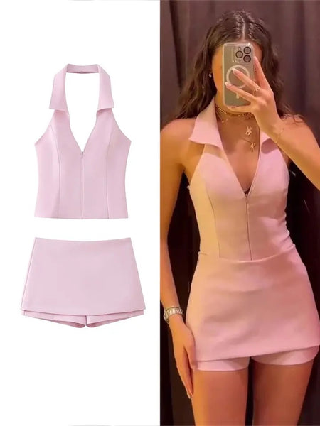 Hellor Luxe Co-ord Set in Blush - lifestyle shot on model, blush - Miss Mosa By Akanksha