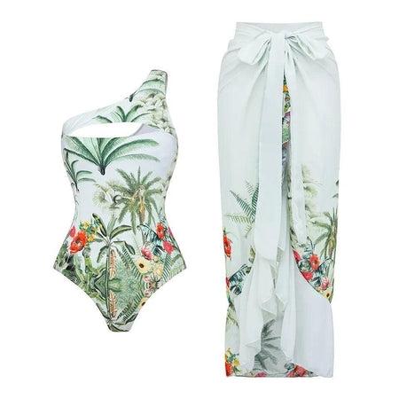 Helma swimsuit with Sarong Skirt In White - flat-lay product shot, green - Miss Mosa By Akanksha