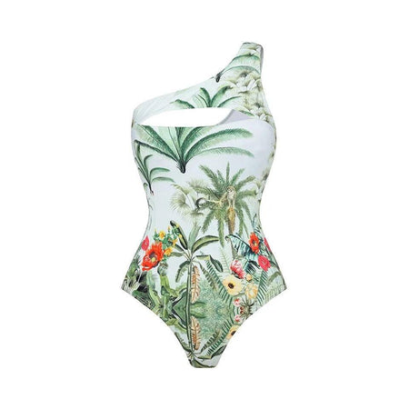 Helma swimsuit with Sarong Skirt In White - side shot on mannequin, green - Miss Mosa By Akanksha