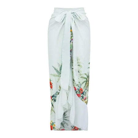 Helma swimsuit with Sarong Skirt In White - flat-lay product shot, green - Miss Mosa By Akanksha