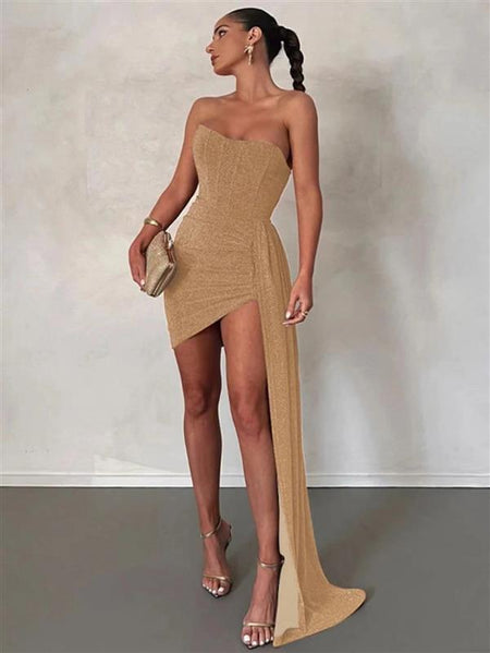 Helois Tube Party Dress In Gold - full-length side shot on model - Miss Mosa By Akanksha