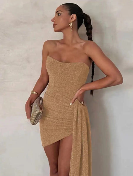Helois Tube Party Dress In Gold - side shot on model - Miss Mosa By Akanksha