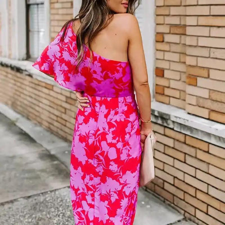 Heloisa One Shoulder Dress - back shot on model, multicolour - Miss Mosa By Akanksha