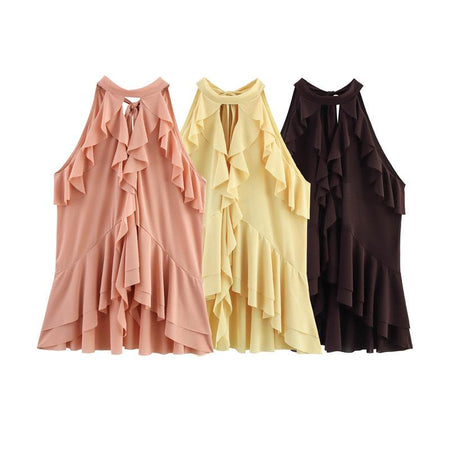 Hena Ruffled Summer Top In Brown - flat-lay product shot of three tops - Miss Mosa By Akanksha