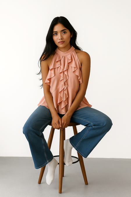Hena Ruffled Summer Top In Pink - front shot on model seated - Miss Mosa By Akanksha