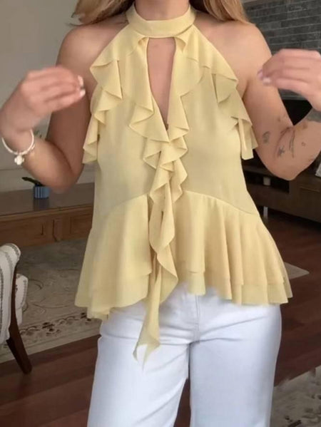 Hena Ruffled Summer Top In Yellow - front shot on model mirror selfie - Miss Mosa By Akanksha