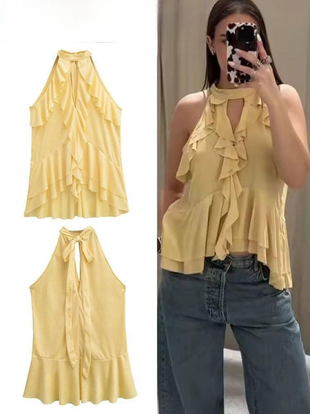 Hena Ruffled Summer Top In Yellow - front and back product shot beside model shot - Miss Mosa By Akanksha