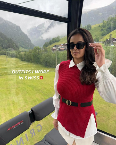 Henley Two Piece Knit Set - lifestyle shot on model, red - Miss Mosa By Akanksha