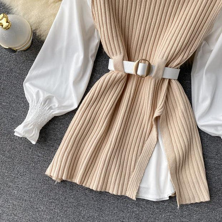 Henley Two Piece Knit Set - close-up of belt, beige - Miss Mosa By Akanksha