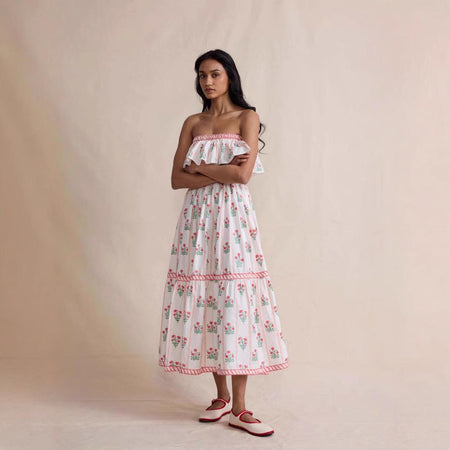 Henna Offshoulder Floral Dress In Off-White - full-length shot on model - Miss Mosa By Akanksha