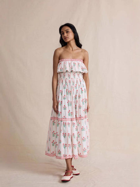 Henna Offshoulder Floral Dress In Off-White - full-length shot on model - Miss Mosa By Akanksha
