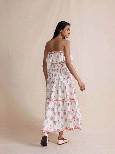 Henna Offshoulder Floral Dress In Off-White - back shot on model - Miss Mosa By Akanksha