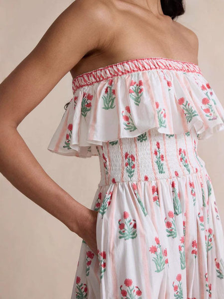 Henna Offshoulder Floral Dress In Off-White - close-up shot of bodice and ruffle detail - Miss Mosa By Akanksha
