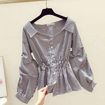 Henri Statement Striped Blouse - front shot on hanger, black and white - Miss Mosa By Akanksha