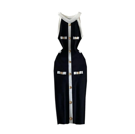 Heya Luxe Soft Knit Dress - flat-lay product shot of dress front, black and white - Miss Mosa By Akanksha