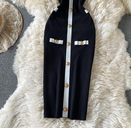 Heya Luxe Soft Knit Dress - flat-lay product shot of dress lower half, black and white - Miss Mosa By Akanksha