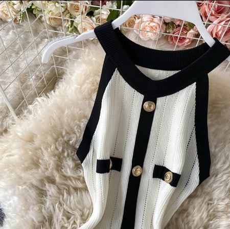 Heya Luxe Soft Knit Dress - close-up of neckline and buttons, white and black - Miss Mosa By Akanksha