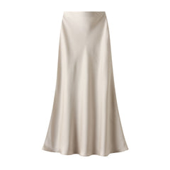 Hilma Satin Midi Skirt - flat-lay front shot, champagne beige - Miss Mosa By Akanksha