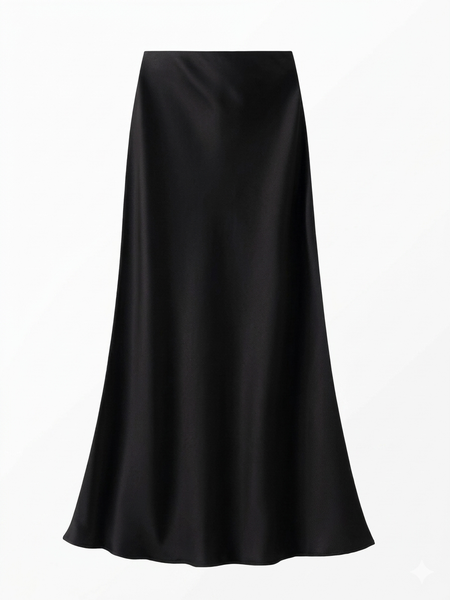 Hilma Satin Midi Skirt - flat-lay front shot, black - Miss Mosa By Akanksha
