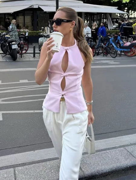 Hilton Statement Vest Knot Top In Pink - front shot on model - Miss Mosa By Akanksha