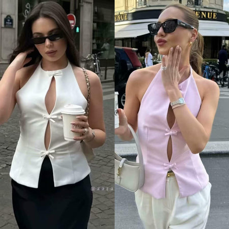 Hilton Statement Vest Knot Top In Pink - front shot on two models - Miss Mosa By Akanksha
