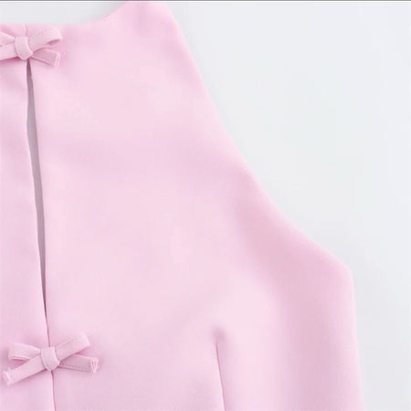 Hilton Statement Vest Knot Top In Pink - close-up of neckline and bow detail - Miss Mosa By Akanksha