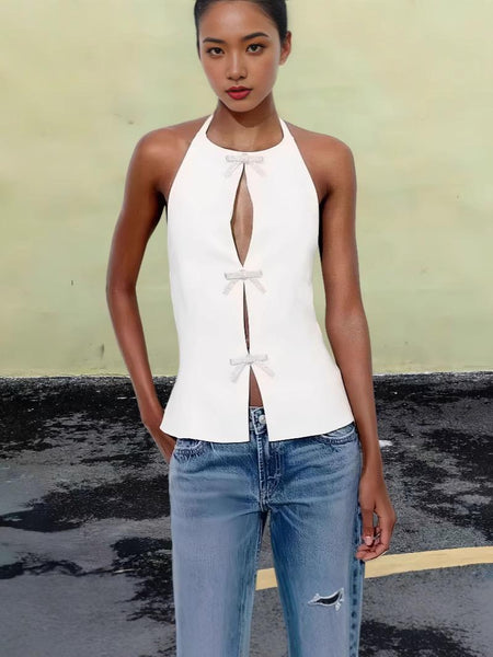 Hilton Statement Vest Knot Top In White - front shot on model - Miss Mosa By Akanksha