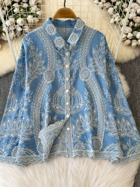 Hiya Premium Embroidered Cotton Shirts In Sky Blue - flat-lay product shot of embroidered shirt on hanger - Miss Mosa By Akanksha