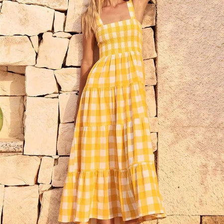 Hobor Gingham Maxi Dress in Yellow - full-length shot on model, yellow - Miss Mosa By Akanksha