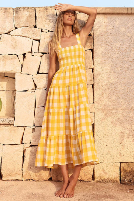 Hobor Gingham Maxi Dress in Yellow - full-length shot on model, yellow - Miss Mosa By Akanksha