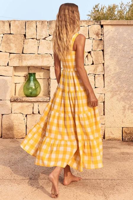 Hobor Gingham Maxi Dress in Yellow - back shot on model, yellow - Miss Mosa By Akanksha
