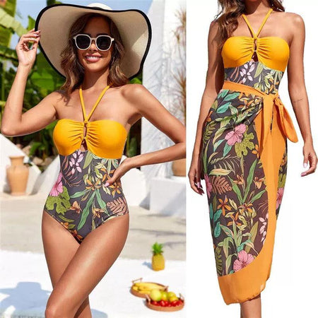 Hodor One Pc Swimsuit with Skirt - front shot on model, yellow - Miss Mosa By Akanksha